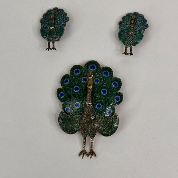 Vintage Peacock Brooch Pin & Earrings Set Sterling Siam Enamel Articulating - Picture 1 of 10